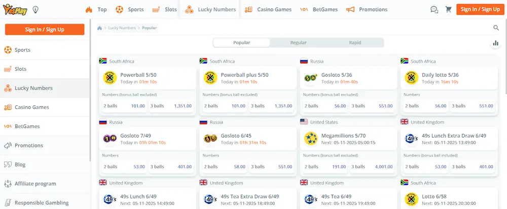 Legal Casinos YesPlay Lotteries Screenshot